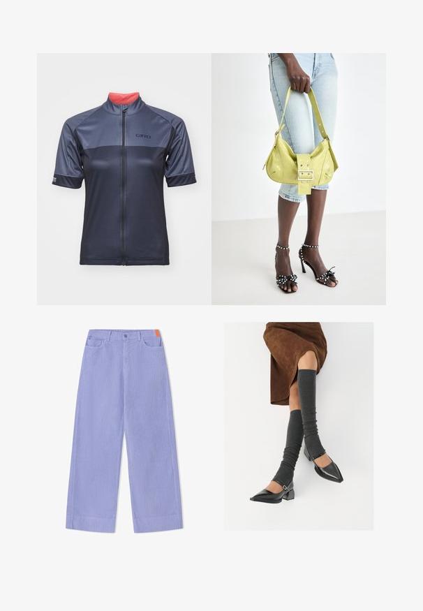Farverig strikket sweater med rødt, lilla og gult blomsterprint, lyseblå ribbet halsudskæring og stribede, ribbede ærmekanter og kant forneden i pastelfarver.; Herre cykeltrøje i mørk marineblå med korte ærmer, en fuld frontlynlås og en kontrasterende koralfarvet indvendig krave. Mærkelogo på brystet.; Bukser med vide ben i lyse lilla ribbet stof, med forreste knaplukning, to lommer og en orange detalje på linningen.; Sorte patenterede lædersko med spids tå, blokhæl og ankelrem, kombineret med grå ribbede benvarmere og en brun ruskinds nederdel.; Gul perforeret håndtaske med spænde detaljer og justerbar rem, parret med denim shorts og sorte højhælede sandaler med sløjfer.