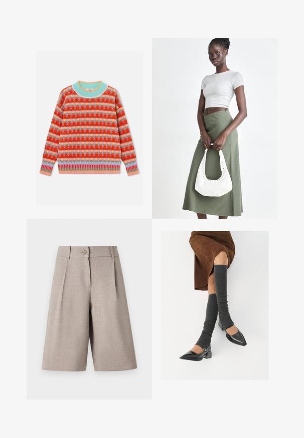 Gekleurde gebreide trui met een rood, paars, geel bloemmotief, lichtblauwe geribbelde halslijn en gestreepte geribbelde manchetten en zoom in pastelkleuren.; Beige op maat gemaakte shorts met plooien, voorzien van een knoopsluiting en een soepel textuur, ontworpen voor een gestructureerde, moderne silhoutte.; Zwarte gepatineerde leren pumps met een puntige neus, een blokhak en een enkelbandje, gecombineerd met grijze geribde beenwarmers en een bruine suède rok.; Grijs geribbelde crop top en olijfgroene hoge taille rok. Model houdt een witte schoudertas met uitsparingen vast. Eenvoudig ontwerp, aansluitende silhouet.
