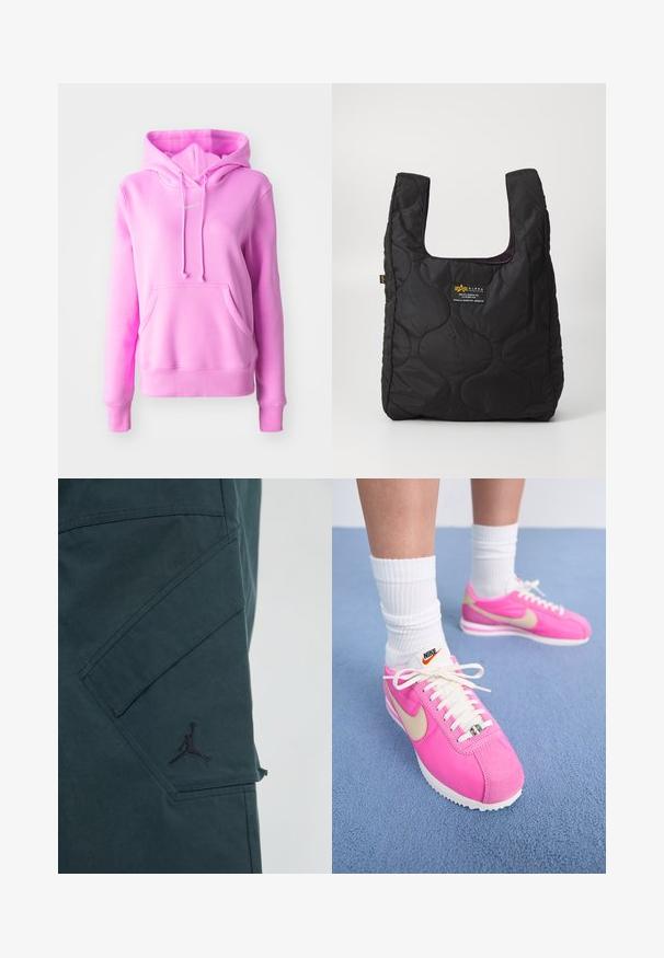 Rosa hettegenser laget av myk stoff med en frontlomme, snorer ved halsen og en liten logo på brystet.; Mørkegrønne cargo-bukser med en mat overflade og skrå lomme. Har et sort Jumpman-logo og synlige sømdetaljer.; Rosa Nike sneakers med øvre del i semsket skinn og stoff, hvite snører og gull swoosh-logo; hvit gummisåle; brukt med hvite ribbede sokker.; Svart quiltet tote-veske med stor åpning, buede former på overflaten, og en etikett med gul og hvit tekst på forsiden.; Sølv hoops øredobber med en tvistet design, som har en polert finish og bakstøtte. Mål omtrent 3 cm i diameter.