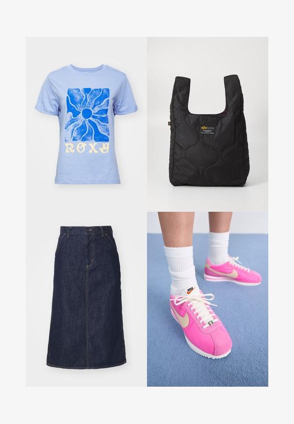Pink hooded sweatshirt made of soft fabric with a front pocket, drawstrings at the neck, and a small logo on the chest.; Light blue cotton t-shirt featuring a blue sun graphic and "ROXY" in yellow lettering. Classic crew neck and short sleeves.; Dark denim skirt with a high waist, straight cut, front pockets, and stitched seams. Features a zip and button closure at the waist.; Pink Nike sneakers with a suede and fabric upper, white laces, and gold swoosh logo; white rubber sole; worn with white ribbed socks.; Black quilted tote bag with a large opening, curved shapes on the surface, and a label featuring yellow and white text on the front.; Silver hoop earrings with a twisted design, featuring a polished finish and post-back closure. Measure approximately 3 cm in diameter.