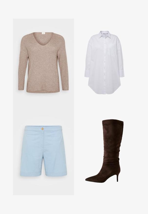 Světle hnědý, žebrovaný svetr s dlouhými rukávy a výstřihem do V. Hladká textura s uvolněným střihem a rovním lemem. Žádné viditelné vzory ani akcenty.; Bílá košile s límečkem, s jednou kapsou na levé straně hrudi, dlouhé rukávy s knoflíkovými manžetami a zakřiveným lemem. Vyrobeno z bavlny.; Světle modré kraťasy vyrobené z měkké texturované tkaniny. Jsou vybavené jedním dřevěným knoflíkem v pase a s ohrnutým lemem.; Hnědé semišové kozačky po kolena s špičatou špičkou a štíhlým podpatkem. Design obsahuje nabranou texturu blízko vršku pro dodatečný detail.