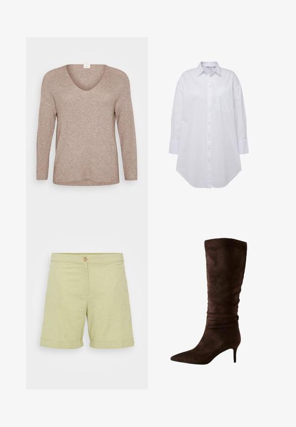 Lichtbruine, geribde sweater met lange mouwen en een V-hals. Glad textuur met een ontspannen pasvorm en een rechte zoom. Geen zichtbare patronen of accenten.; Witte button-up shirt met een kraag, een enkel vak aan de linkerkant van de borst, lange mouwen met knopenmanchetten en een gebogen zoom. Gemaakt van katoen.; Lichtgroene linnen shorts met een knoopsluiting, een gladde textuur, opgerolde zomen en een eenvoudig, recht snit ontwerp.; Bruine suede laarzen tot de knie met een spitse neus en een slanke hak. Het ontwerp heeft een geplooide textuur nabij de bovenrand voor extra detail.