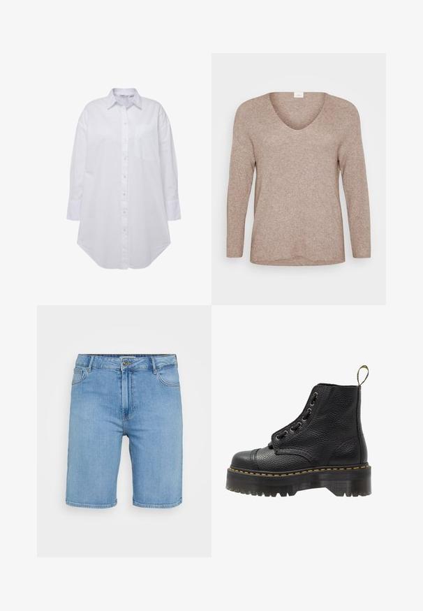 Maglione ribbed marrone chiaro con maniche lunghe e scollatura a V. Texture liscia con vestibilità rilassata e orlo dritto. Nessun motivo o dettaglio visibile.; Camicia bianca con colletto, taschino singolo sul lato sinistro del petto, maniche lunghe con polsini a bottoni e orlo curvo. Realizzata in cotone.; Pantaloni shorts in denim azzurro chiaro con taglio classico, dotati di chiusura frontale con bottone, passanti per cintura e due tasche laterali. Texture liscia e orlo dritto.; Stivale alla caviglia in pelle nera con superficie testurizzata, punta tonda, design con lacci, cuciture gialle e una suola piatta nera spessa e scanalata.