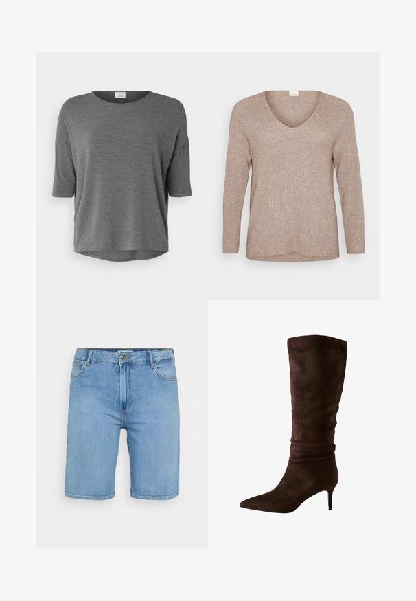Jasnobrązowy, prążkowany sweter z długimi rękawami i dekoltem w kształcie litery V. Gładka tekstura, luźny krój i proste wykończenie. Brak widocznych wzorów lub akcentów.; Szara bluzka z krótkim rękawem wykonana z miękkiego materiału, o luźnym kroju, okrągłym dekolcie i zaokrąglonym końcu. Brak wyraźnych wzorów czy akcentów.; Biała koszula zapinana na guziki z kołnierzykiem, pojedynczą kieszenią po lewej stronie na klatce piersiowej, długimi rękawami z guzikami i zaokrąglonym hemem. Wykonana z bawełny.; Jasnoniebieskie dżinsowe szorty o klasycznym kroju, z zapięciem na guzik z przodu, szlufkami na pasek oraz dwoma bocznymi kieszeniami. Gładka struktura i prosta końcówka.; Brązowe zamszowe botki do kolan z wydłużonym noskiem i cienkim obcasem. Projekt posiada marszczoną teksturę w górnej części dla dodatkowego detalu.