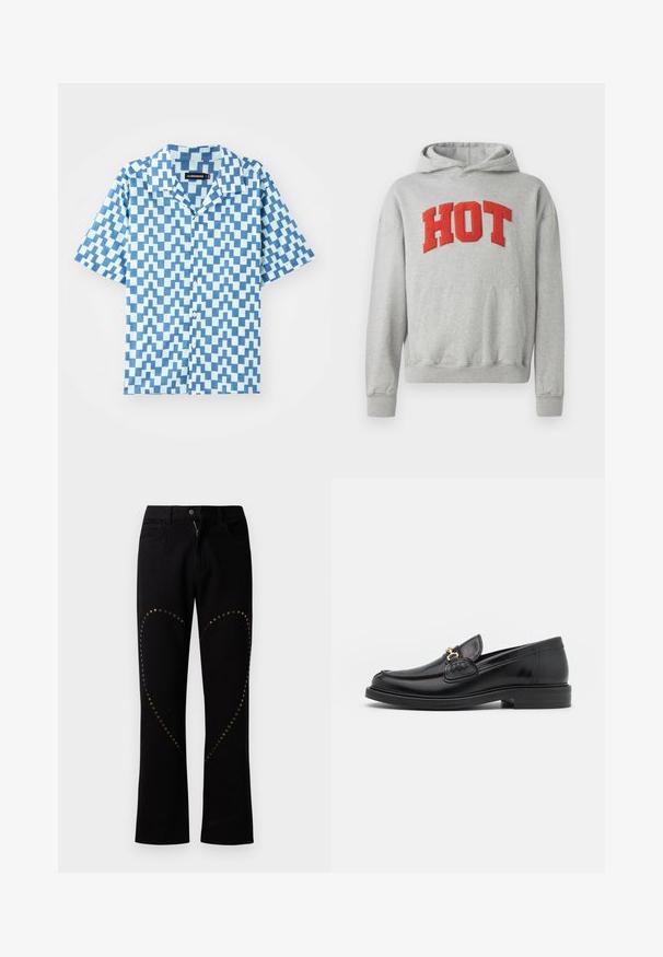 Grauer Kapuzenpullover mit einer Fronttasche und kräftigen roten "HOT" Buchstaben. Weicher Stoff, gerippte Bündchen und Saumdetails.; Kurzarm-Hemd mit Knopfleiste in Blautönen, mit einem geometrischen Zickzackmuster, aus leichtem Stoff gefertigt. Verfügt über einen klassischen Kragen und eine normale Passform.; Schwarzes Baumwoll-T-Shirt mit einem Grafikdesign von zwei Tauben und dem Text "FROM PARIS WITH ❤️" in Weiß und Pink. Kurze Ärmel und runder Ausschnitt.; Schwarze Denim-Hosen mit lockerer Passform, die goldene Sternchenverzierungen in Herzform entlang der Seiten und ein klassisches Fünf-Taschen-Design aufweisen.; Schwarze Lederleter mit einer abgerundeten Zehenpartie, ausgestattet mit goldenen Hardwareakzenten und Stichdetails, auf einer niedrigen, strukturierten Gummisohle.