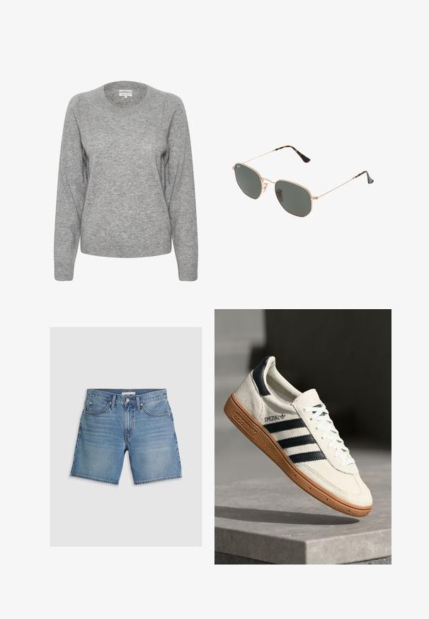 Sivý sveter s okrúhlym výstrihom, dlhými rukávmi a rebrovanými manžetami. Tkanina vyzerá mäkko, má svetlú textúru a je mierne voľného strihu.; Džínsové šortky svetlomodrej farby s rovnými nohavicami, piatimi vreckami a zapínaním na gombík. Vyrobené z bavlny s hladkou textúrou.; Biele semišové tenisky s námorníckymi pruhmi, gumovou podrážkou, textúrovaným zvrškom, okrúhlou špičkou a šnurovaním; obsahujú označenie na boku a jazyku.; Zlaté slnečné okuliare s kovovým rámom a tmavozelenými šošovkami v aviator štýle, s úzkymi ramenami a mramorovými akcentami na koncoch.; Hnedá semišová taška na rameno s zakriveným tvarom, kontrastným prešívaním, zlatými akcentmi a zipsom na prednej strane.