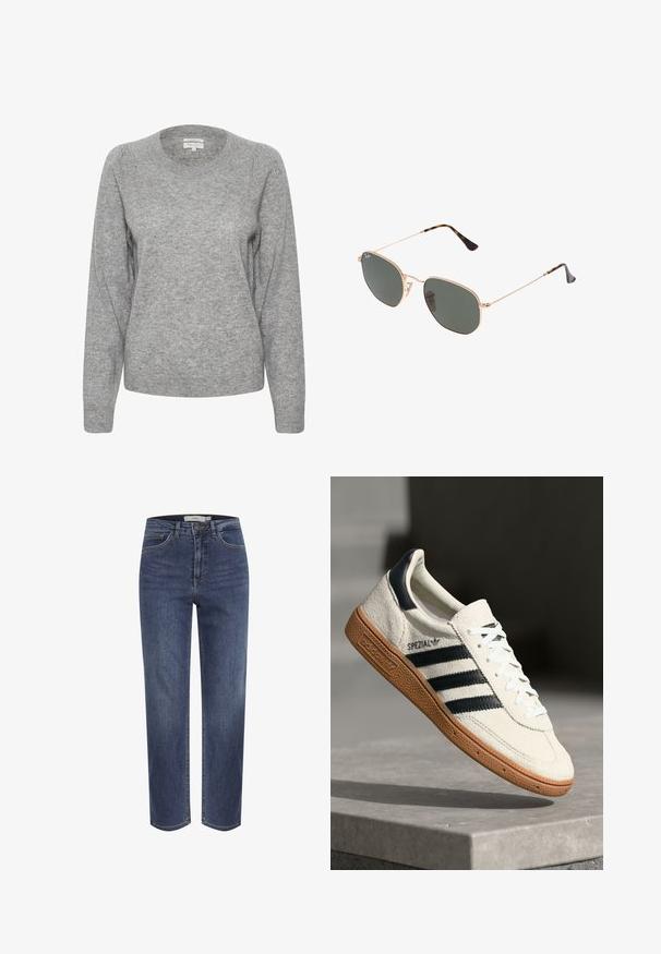 Siva pulover z okroglim izrezom, dolgimi rokavi in rebrastimi manšetami. Tkanina se zdi mehka z lahkotno teksturo in nekoliko ohlapnim krojem.; Denim hlače v temno modri barvi s ravnim krojem, petimi žepi in klasičnim šivanjem. Imajo zapiralo na gumb in zanke za pas.; Bela nubuk superga s športnimi trakovi v temno modri barvi, gumijastim podplatom, strukturirano zgornjo plastjo, okroglim nosom in vezalkami; vsebuje blagovno znamko na strani in jeziku.; Sončna očala z zlatim kovinskim okvirjem in temno zelenimi lečami, aviatorskega sloga, z vitekimi ročaji in želvovim vzorcem na konicah.; Svetlo rjava suknjena torba z ukrivljeno obliko, kontrastnim šivanjem, zlatimi dodatki in z zadrgo sprednjim žepom.