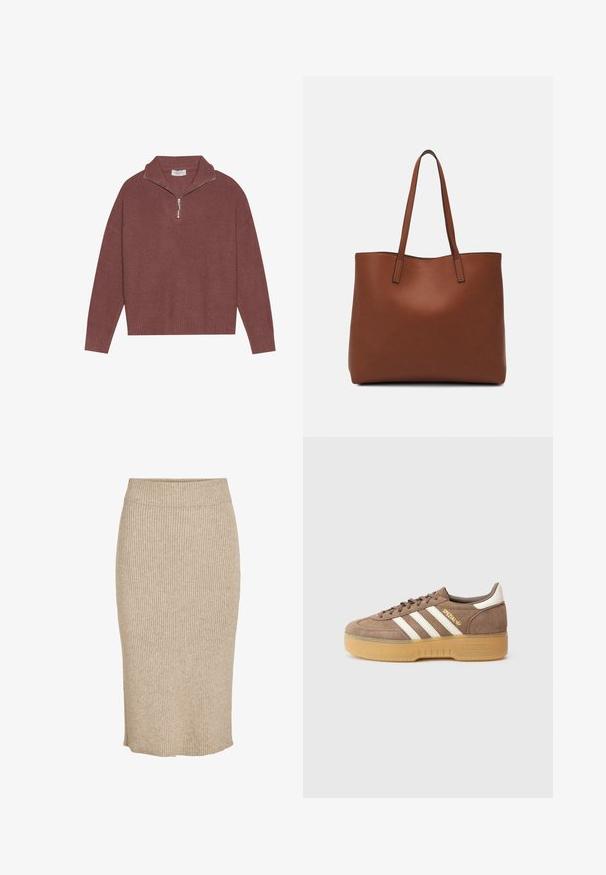 Varrukad, burgundi värvi ribakujundusega kootud sviiter kõrge kaelusega, 1/4 lukuga ja laiade varrukatega. Pehme tekstuur ja mugav lõige.; Kergelt beežist värvi kudumiselt seelik, millel on vertikaalne ribakoe, põlvekõrgus, elastse vöökoht ja sirge lõige.; Pruun sametjalanõu kolme valge triibu, kuldse brändingu ja tekstuurse kummipõhjaga. Ümar nina ja pehmendatud kaelus mugavuse tagamiseks.; Pruun nahast tote-kott, millel on sile tekstuur, avatud ülaosa disain ja kaks õlarihma. Omab minimaalset õmblust ja nähtavat riistvara ei ole.