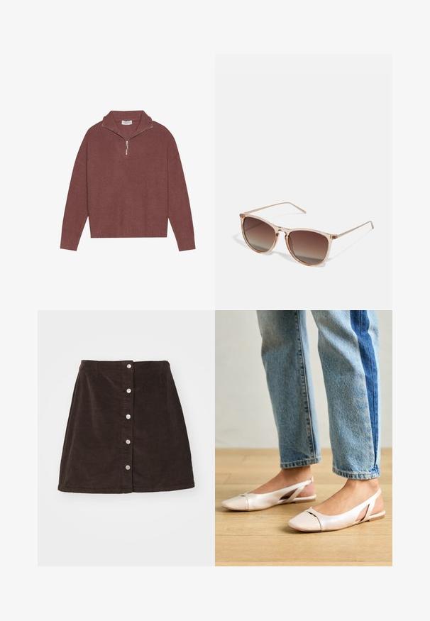 Rippens Struktur, burgunderfarbener Pullover mit hohem Kragen, 1/4-Reißverschluss und weit geschnittenen Ärmeln. Weiche Textur mit lässiger Passform.; Vero Moda Curve VMCETTA SKATER  - A-Linien-Rock - chocolate torte; Blassrosa Slingback-Ballerinas mit spitzem Punkt, aus einem glatten, lederähnlichen Material. Mit Ausschnitten an den Seiten und einem flachen Absatz.; Braune Farbverlauf-Sonnenbrille mit einem durchscheinenden rosa Rahmen, quadratischer Form und dünnen Metallbügeln. Verfügt über abgerundete Kanten und minimale Details.; Beige geflochtene Strohtasche mit geschwungener Form, einem kurzen Griff und einem seitlichen Reißverschluss. Verfügt über eine strukturierte Oberfläche und ein minimalistisches Design.