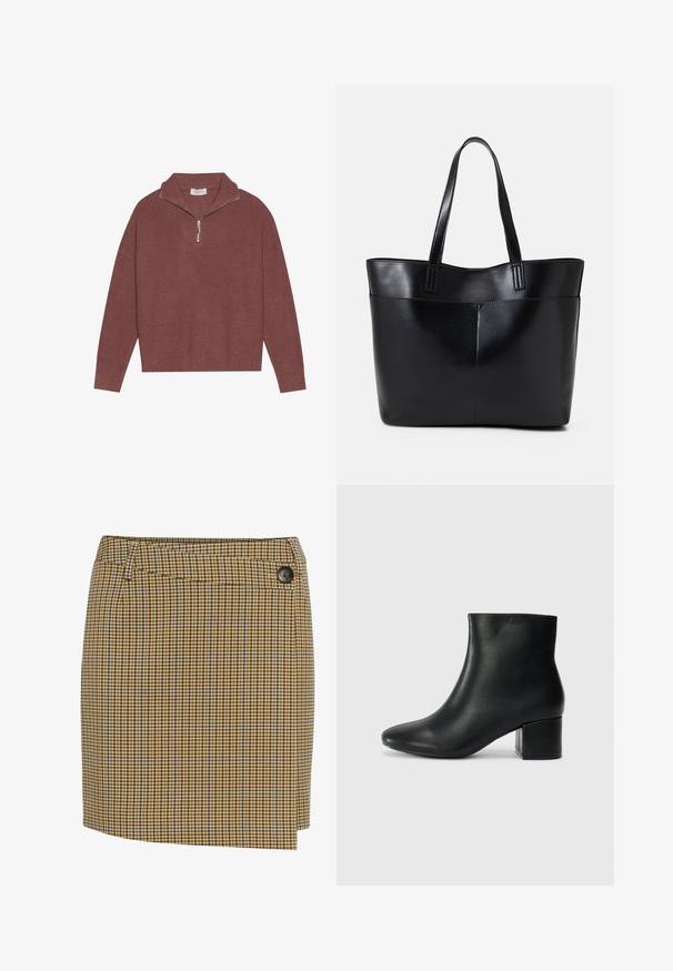 Suéter burdeos de canalé con un alto cuello, cierre de 1/4 de cremallera y mangas anchas. Textura suave con un corte relajado.; Falda de cuadros marrones y amarillos con acentos azules. Presenta un corte recto, cierre de botones en el lateral y una textura de tela suave.; Botas de cuero negras hasta el tobillo con una punta afilada y un tacón grueso. Textura lisa con acentos mínimos y un diseño elegante y ajustado.; Bolso tote de cuero negro con dos asas largas, textura suave y forma estructurada. Cuenta con un bolsillo frontal para almacenamiento adicional.