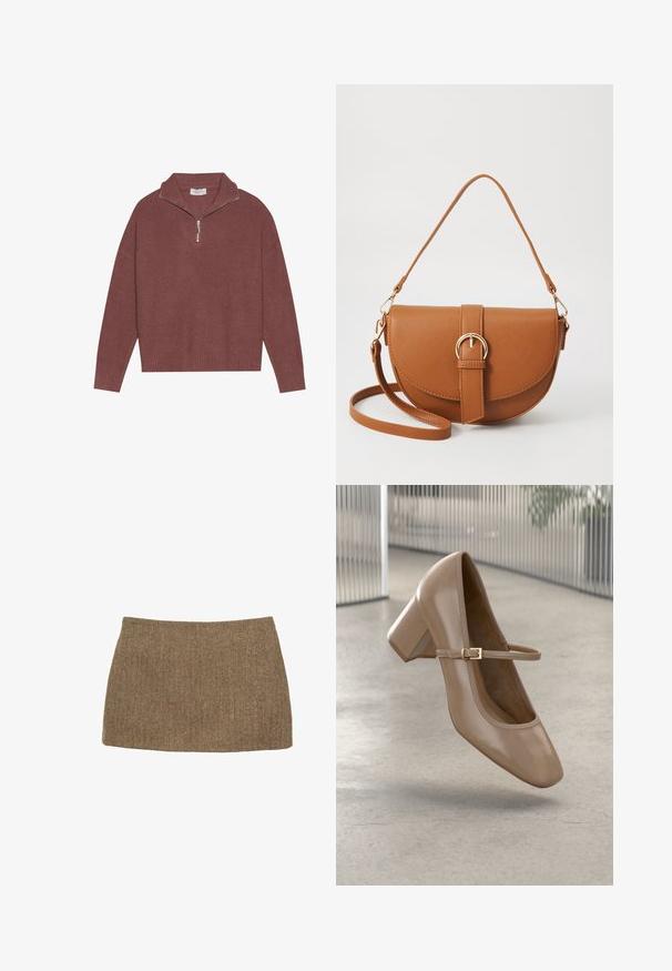Ribbet, bordeaux farvet pullover sweater med høj krave, 1/4 lynlås lukning og brede ærmer. Blød tekstur med en afslappet pasform.; Brun mini-skirt med fiskebensmønster, der har en lige skæring og glat tekstur. Stoffet virker vævet og struktureret. Ingen synlige lukninger.; Beige Mary Jane sko med blokhæl og tynd rem med guldspænde, svævende over en glat lys grå gulv i moderne interiør.; Brun læder crossbody taske med en buet form, guldfarvet hardware og en spændeaccent. Har en aftagelig skulderrem.