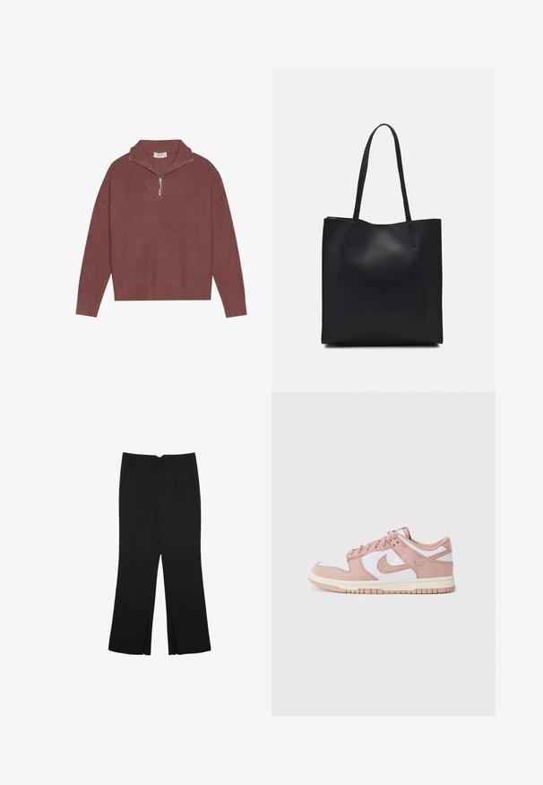 Rebrast pulover v burgundski barvi z visokim ovratnikom, zapiranjem na 1/4 zadrgo in širokimi rokavi. Mehka tekstura z sproščenim krojem.; Črne hlače ravnega kroja z naglavnimi žepi in stranskimi razporki na robu. Narejene iz mehke, gladke tkanine. Primerne za različne priložnosti.; Teniske imajo mehak zgornji del iz roza semiša, bele usnjene panele in strukturo gumijastega podplata. Opozarja značilna swoosh oznaka na straneh, vezalni dizajn.; Črna usnjena torba s svilnato teksturo, pravokotne oblike in dvema dolgima ročajema. Brez vidnih metalnih delov ali okrasnih elementov.