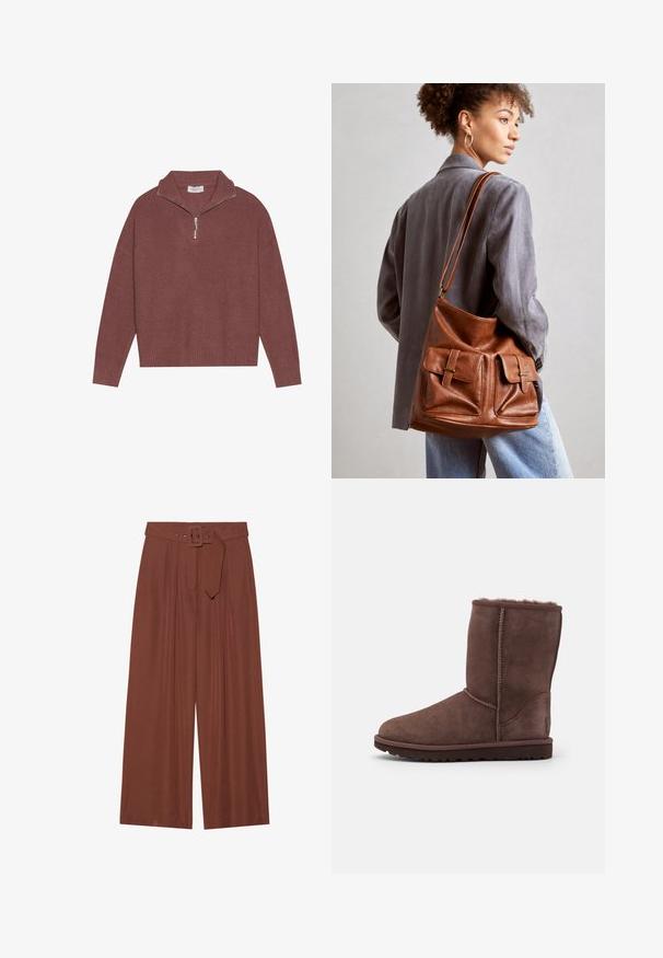 Pull à col montant en bordeaux avec des côtes, fermeture éclair 1/4 et manches larges. Texture douce avec une coupe décontractée.; Pantalons à jambes larges en tissu marron, avec une ceinture à boucle carrée, un design plissé et une texture lisse.; Bottines en daim marron avec une doublure douce en shearling, bout rond et semelle en caoutchouc. Présente des coutures sur le côté et à l'arrière.; Sac seau en cuir marron avec deux poches avant accentuées par des boucles. Le sac a une texture lisse et une bandoulière réglable.