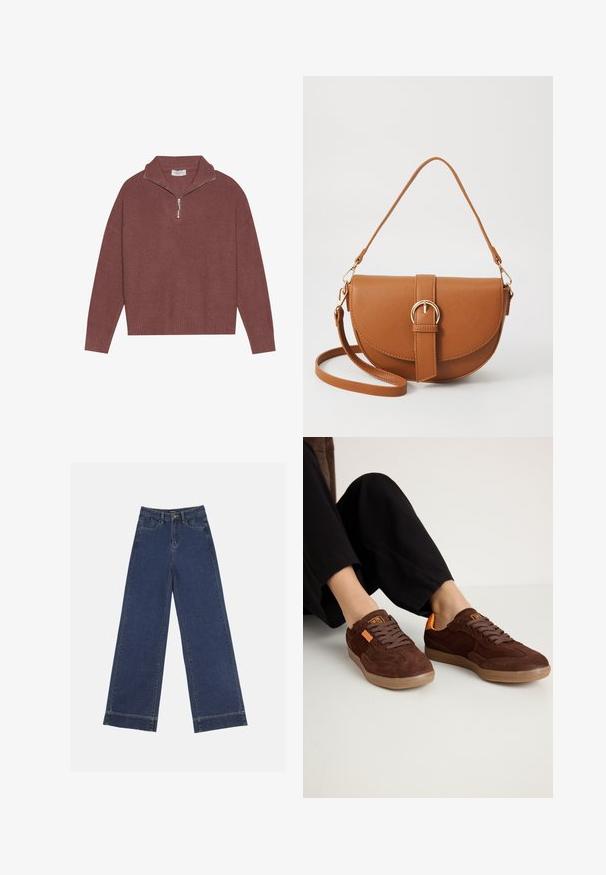 Ribbed, burgundy pullover sweater with a high collar, 1/4 zip closure, and wide sleeves. Soft texture with a relaxed fit.; Wide-leg jeans in dark blue denim. Features five pockets, belt loops, and a raw hem at the bottom with visible stitching details.; Brown suede sneakers with a rounded toe, textured upper, and orange accents. Features flat laces and a rubber sole.; Brown leather crossbody bag with a curved shape, gold hardware, and a buckle accent. Features a detachable shoulder strap.