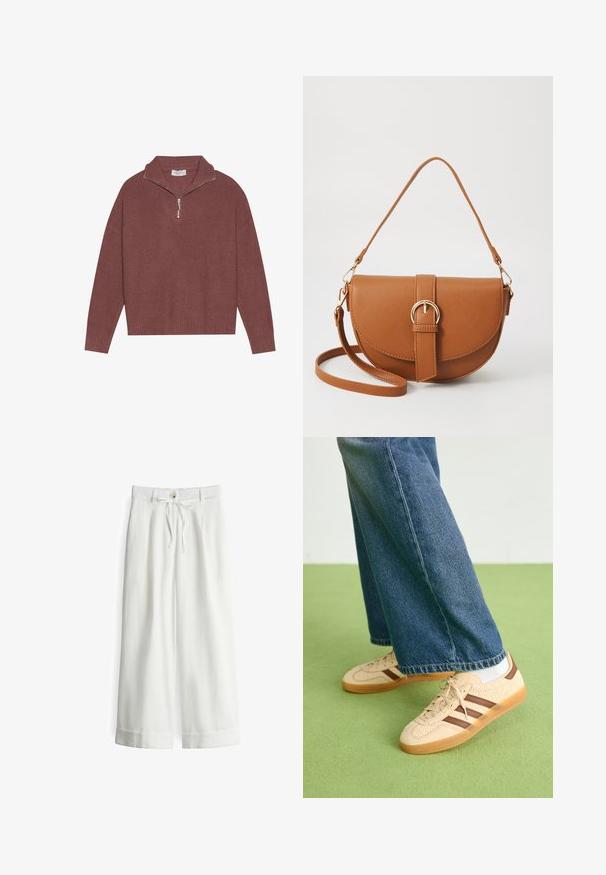 Geribbelde, bordeauxrode pullovertrui met een hoge kraag, 1/4 ritssluiting en brede mouwen. Zachte textuur met een ontspannen pasvorm.; Witte wijdvallende broeken van lichtgewicht stof, met een tailleband met trekkoord, knoopsluiting en opgerolde zoomdetails.; Beige sneakers met gestructureerde crèmekleurige panelen en bruine strepen, gecombineerd met blauwe denim jeans. De jeans hebben een brede pijp en een rafelige zoom.; Bruine leren schoudertas met een gebogen vorm, gouden hardware en een gespaccent. Bevat een afneembare schouderriem.
