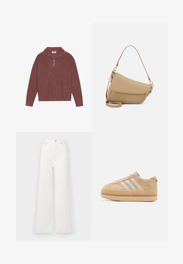 Ribbed, burgundy pullover sweater with a high collar, 1/4 zip closure, and wide sleeves. Soft texture with a relaxed fit.; White high-waisted wide-leg jeans made of denim. Features front pockets, a button closure, and frayed hem details.; Beige suede platform sneakers with white three stripes, round toe, and beige rubber sole featuring a gold logo accent on the side.; Even&Odd Handbag - beige
