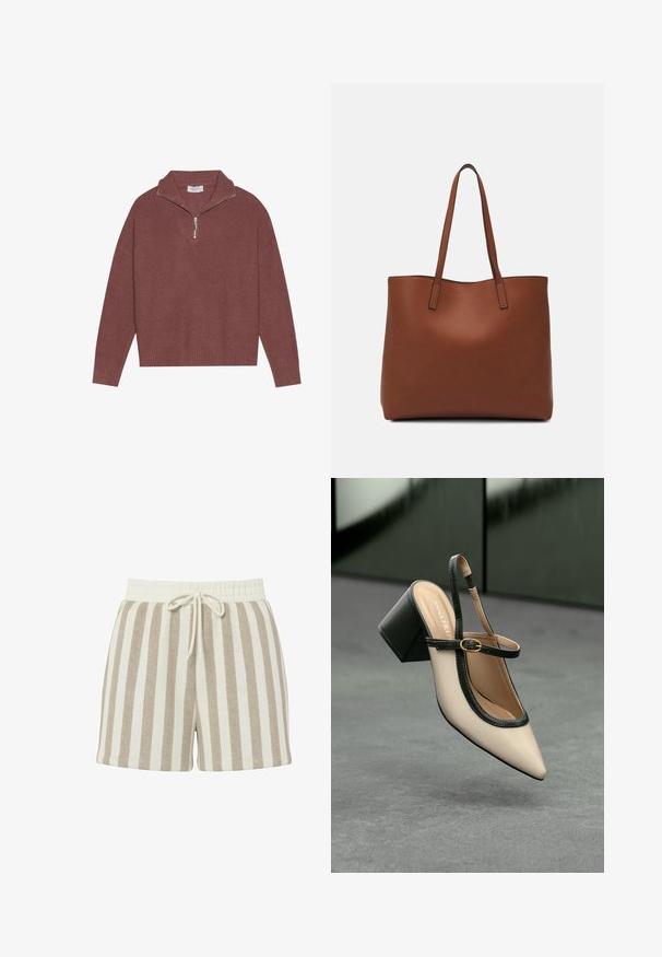 Pullover a coste di colore borgogna con colletto alto, chiusura a zip 1/4 e maniche ampie. Texture morbida con una vestibilità comoda.; Pantaloni shorts a righe realizzati in un tessuto morbido e testurizzato. Presentano una vita con coulisse in beige e crema, con strisce verticali in tonalità chiare e scure.; Scarpa beige con punta a stivale, con rifiniture nere, fibbia dorata e tacco a blocco spesso su un pavimento grigio con sfondo verde scuro.; Borsa tote in pelle marrone con texture liscia, design con apertura superiore e due spallacci. Presenta cuciture minime e nessun hardware visibile.
