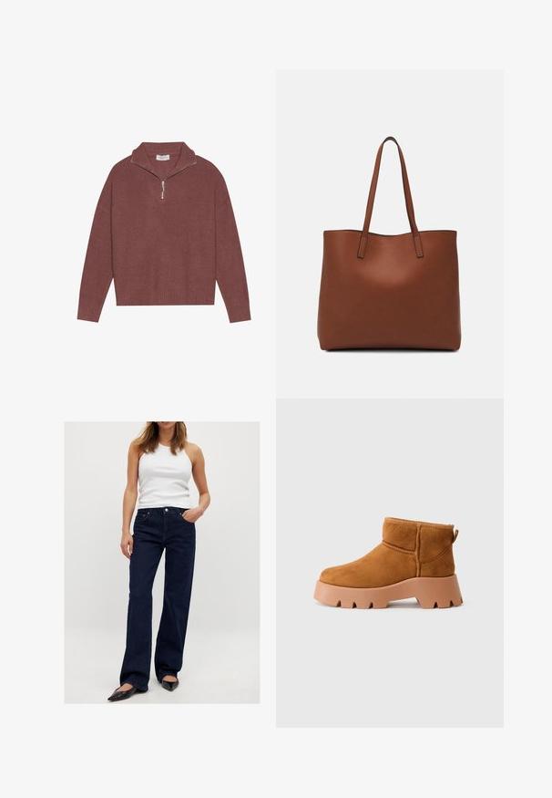 Suéter burdeos de canalé con un alto cuello, cierre de 1/4 de cremallera y mangas anchas. Textura suave con un corte relajado.; Jeans de tiro ancho en azul oscuro, confeccionados en denim, con un diseño clásico de cinco bolsillos y cierre de botón de metal. Llevados con una camiseta sin mangas blanca.; Botas de tobillo de ante color marrón claro con puntera redonda, suela marrón texturizada y lengüeta. Presentan una costura bordada y un diseño de plataforma gruesa.; Bolso tote de cuero marrón con una textura suave, diseño de apertura superior y dos correas para el hombro. Presenta una costura mínima y sin herrajes visibles.
