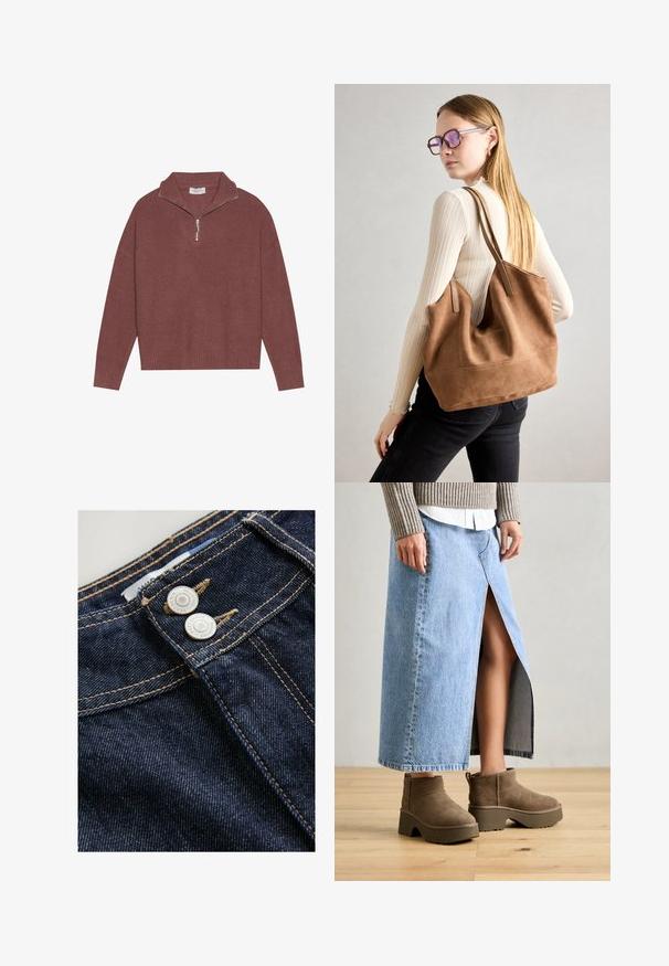Rippens Struktur, burgunderfarbener Pullover mit hohem Kragen, 1/4-Reißverschluss und weit geschnittenen Ärmeln. Weiche Textur mit lässiger Passform.; Dunkelblaue Denim-Jeans zeigen eine Nahaufnahme des Bundes mit zwei Metallknöpfen, kontrastierendem goldenen Nähten und einer strukturierten Stoffoberfläche.; Hellblauer Denim-Maxikilt mit einem vorderen Schlitz, kombiniert mit braunen Wildleder-Stiefeletten mit dicken Sohlen und runden Zehen.; Braune Wildleder-Tasche mit weicher Textur, großer Öffnung und langen Trägern. Sie verfügt über ein simples Design mit sichtbarem Stich und ohne Beschläge.