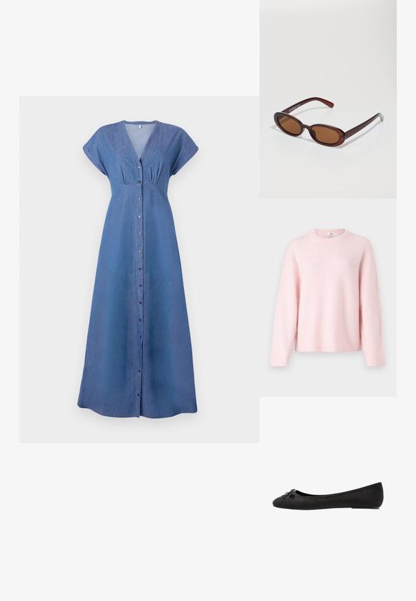 Gina Tricot CREW NECK - Svetrík - primrose pink; Modrá denimová šaty s krátkymi rukávmi, véčkovým výstrihom a predným zapínaním na gombíky. Má nariasené detaily pod poprsím a rovný, dlhý strih.; Čierne semišové baleríny s okrúhlou špičkou, so zdobnou mašľou na prednej strane a plochou podrážkou. Hladká textúra a klasický tvar.; Okrúhle slnečné okuliare s hnedým nádychom a lesklým burgundským rámom. Úzke ramená s jemným brandovaním. Plochej šošovky dizajn.