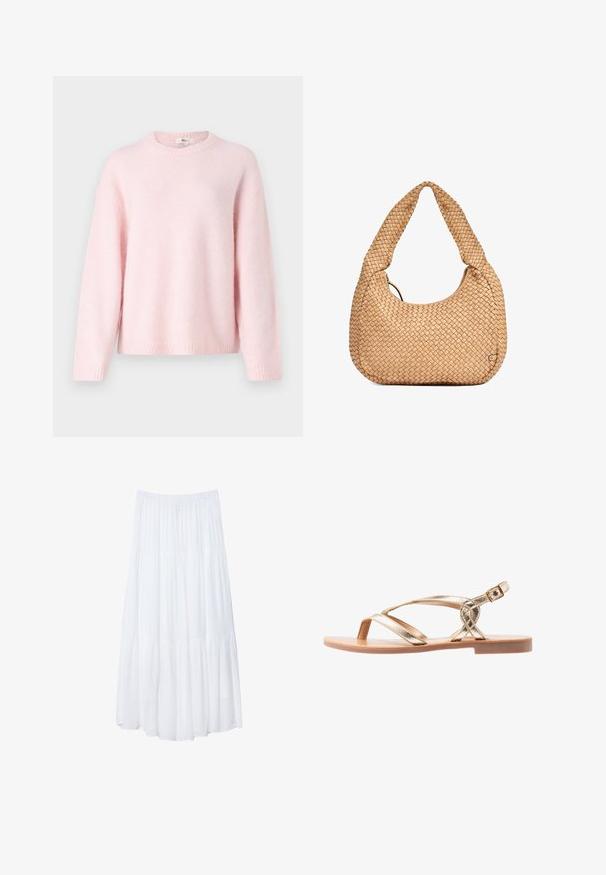Gina Tricot CREW NECK - Jumper - primrose pink; White, tiered maxi skirt made of lightweight fabric. Features an elastic waistband and flowing design with soft, subtle texture.; Gold metallic sandals with crossed straps, a flat sole, and an ankle buckle. Smooth texture and open design for breathability.; Woven beige handbag with a curved silhouette and a thick handle, featuring a textured, structured design and a subtle logo accent.