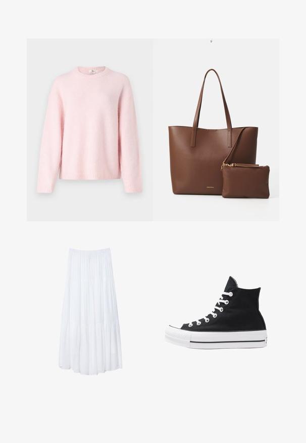 Gina Tricot CREW NECK - Vesta - primrose pink; Svijetloružičasti dugi rukav ribani top s okruglom izrezom i prilagođenim siluetom. Izrađen od mekog, teksturiranog materijala. Minimalistički dizajn, bez uzoraka.; Bijela, slojevita maksi suknja od laganog materijala. Ima fleksibilnu elasticnu tačnu i lepršav dizajn s mek teksturom.; Visoke crne platnene tenisice s bijelim rupama, vezicama i gumenim potplatom. Imaju teksturirani vrh i crno-bijele pruge kao ukrase.; Smeđa torba od umjetne kože s dva duga ručka i odgovarajućom malom torbicom. Površina ima teksturirani uzorak i zlatne metalne detalje.