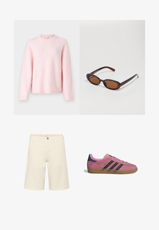 Gina Tricot - Sweter; Biała koszulka z krótkim rękawem, wykonana z bawełny. Posiada okrągły dekolt i luźny krój. Gładka faktura bez widocznych wzorów czy akcentów.; Szorty w kolorze kremowym, wykonane z mieszanki bawełny, z zapięciem na guzik, szlufkami na pasek i kieszeniami bocznymi; gładka faktura z prostym krojem.; Różowe zamszowe sneakersy z czarnymi paskami, gumową podeszwą i teksturowanym fioletowym piętą. Posiadają sznurowany design oraz wytłoczone logo na boku.; Okrągłe, brązowe okulary przeciwsłoneczne z błyszczącą bordową oprawą. Cienkie ramiona z subtelnym detalem marki. Płaski kształt soczewek.