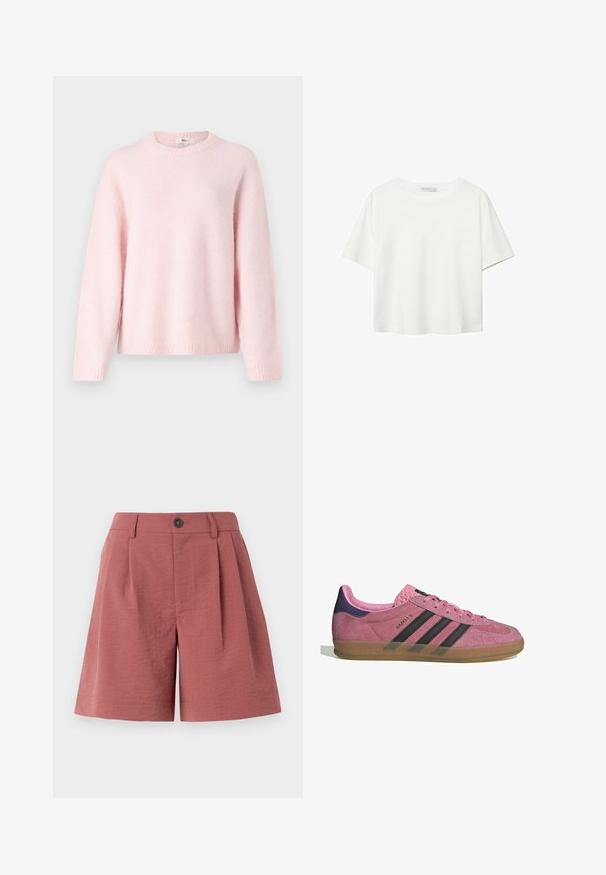 Gina Tricot CREW NECK - Pullover - primrose pink; T-shirt blanc à manches courtes en coton. Doté d'un col ras du cou et d'une coupe décontractée. Texture lisse sans motifs ni accents visibles.; Shorts texturés rouges avec fermeture à bouton, plis à l'avant et coupe droite, conçus pour un usage décontracté.; Baskets en suède rose avec des rayures noires, semelle en gomme et talon en velours violet texturé. Présente un design à lacets et un logo embossé sur le côté.