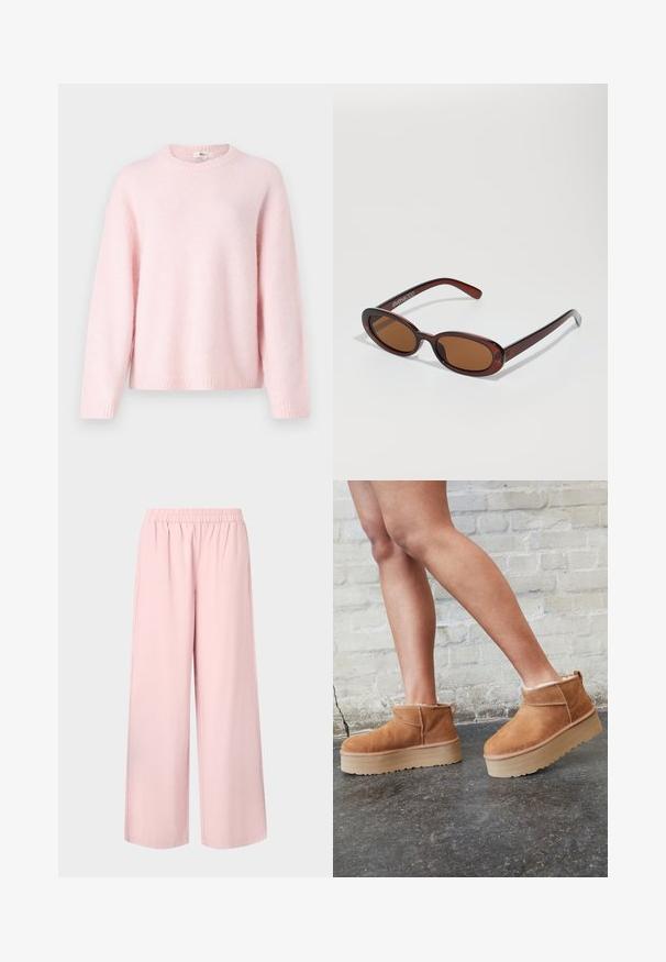 Gina Tricot CREW NECK - Svetrík - primrose pink; Biela krátkopsová tričko vyrobené z bavlny. Má okrúhly výstrih a voľný strih. Hladká textúra bez viditeľných vzorov alebo akcentov.; Ružové široké nohavice s elastickým pásom a hladkým povrchom, s voľným strihom a rovnomerným rezom od pásu po lem.; Hnedé semišové kotníkové čižmy s mäkkou podšívkou, hrubou béžovou platformou a zadným pútkom na obutie. Textúrovaný povrch s viditeľnými švami.; Okrúhle slnečné okuliare s hnedým nádychom a lesklým burgundským rámom. Úzke ramená s jemným brandovaním. Plochej šošovky dizajn.; Woven béžová kabelka s zakriveným siluetom a hrubým uchom, s textúrovaným, štruktúrovaným dizajnom a jemným akcentom loga.