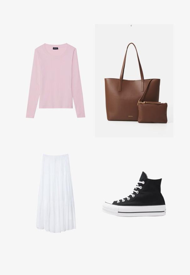 Gina Tricot CREW NECK - Neule - primrose pink; Vaaleanpunainen pitkähihaisessa ribbipaita, jossa on pyöreä pääntie ja tiukka siluetti. Valmistettu pehmeästä, teksturoidusta kankaasta. Minimalistinen muotoilu, ilman kuoseja.; Valkoinen, kerroksellinen maksihame, joka on valmistettu kevyestä kankaasta. Siinä on joustava vyötärö ja virtaava muotoilu, jossa on pehmeä, hienovarainen rakenne.; Korkean ylösulkeutuvan mustan kankaan lenkkitossun, jossa on valkoiset rei'itykset, nauhat ja kumipohja. Sisältää teksturoituneen kärkitilan ja musta-valkoiset raidat.; Ruskea tekonahkainen olkalaukku, jossa on kaksi pitkää kahvaa ja yhteensopiva pieni pussi. Pinnassa on teksturoitu kuvio ja kultaiset yksityiskohdat.