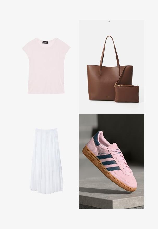 Gina Tricot CREW NECK - Neule - primrose pink; Vaaleanpunainen T-paita, jossa on lyhyet hihat, pyöreä kaula-aukko ja poimutetut sivuyksityiskohdat. Valmistettu pehmeästä, kevyestä kankaasta.; Valkoinen, kerroksellinen maksihame, joka on valmistettu kevyestä kankaasta. Siinä on joustava vyötärö ja virtaava muotoilu, jossa on pehmeä, hienovarainen rakenne.; Vaaleanpunainen mokkanahkainen lenkkarit tummansinisin kolmella raidalla, kumipohjalla ja vaaleanpunaisilla nauhoilla. Sivussa on "SPEZIAL"-brändäys.; Ruskea tekonahkainen olkalaukku, jossa on kaksi pitkää kahvaa ja yhteensopiva pieni pussi. Pinnassa on teksturoitu kuvio ja kultaiset yksityiskohdat.