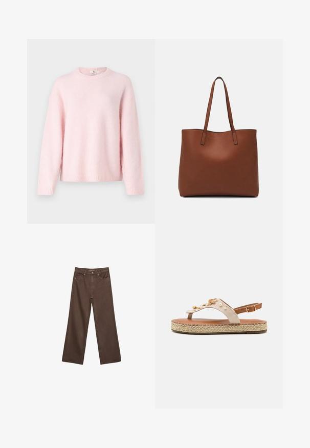 Gina Tricot CREW NECK - Jumper - primrose pink; Wide-leg brown jeans made of denim, featuring a high waist, front pockets, and a classic button closure. Smooth texture with subtle stitching.; Beige leather strap sandal with pearl embellishments and an espadrille-style sole. Adjustable ankle strap and woven jute detailing on the platform.; Brown leather tote bag with a smooth texture, open top design, and two shoulder straps. Features minimal stitching and no visible hardware.