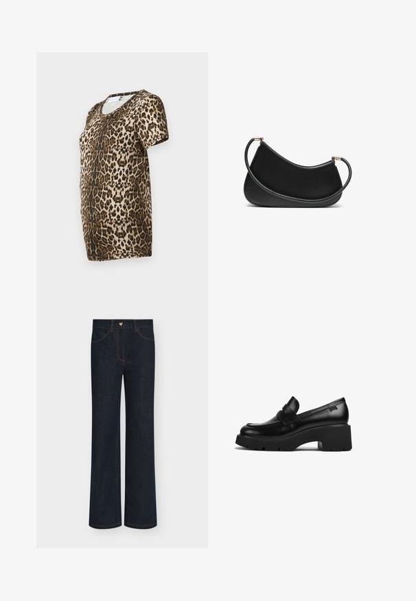 Ribbet strikket langærmet top i off-white med høj krave og slim fit. Har vertikal tekstur og en cropped kant.; T-shirt med leopardmønster, der har v-hals, korte ærmer og et blødt, struktureret stof i nuancer af brun og guld mod en sort baggrund.; Mørkeblå jeans med vidde i benene og høj talje, med orange syninger og en hjerteformet metalknap. Fem-lomme design.; Sorte læder loafers med chunky hæl, tyk sål og en remdetalje henover, vist fra siden på en hvid baggrund.; Sort læder skuldertaske med en buet design, der har en tekstureret rem og hardware i guldtonet ved lukningen for oven. Glat finish.; Guldsmykkesæt med en lagdelt halskæde med en dråbeformet vedhæng og matchende stud øreringe, alt sammen med en poleret overflade.