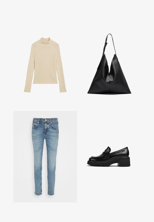 Ribbestrikket langermet topp i off-white med høy krage og slim fit. Har vertikal tekstur og en cropped nederkant.; Lys blå denimjeans med smal passform, fem lommer og knapper foran. Slitte detaljer langs lårene gir ekstra tekstur.; Svart lær loafer med tykke hæler og tykt såle med en stroppdetalj over toppen, vist fra siden på en hvit bakgrunn.; Svart lær trekantet håndveske med en enkelt justerbar skulderstropp og en myk, lett slappet struktur.
