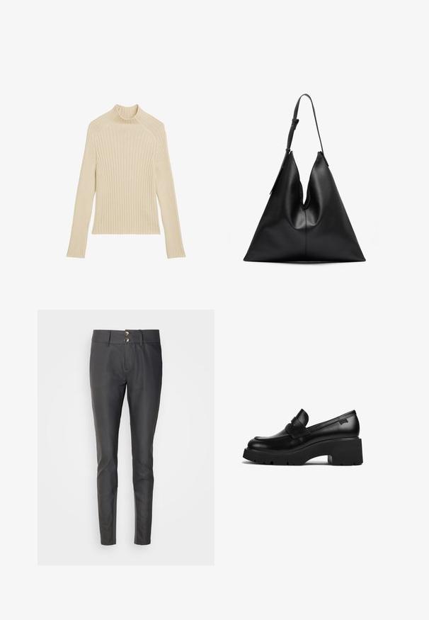 Rebrovaný pletený top s dlhým rukávom v off-white farbe s vysokým golierom a priliehavým strihom. Má vertikálnu štruktúru a skrátený lem.; Čierne nohavice so slim fit strihom, vyrobené z hladkého materiálu. Obsahujú dvojité zapínanie na gombíky v páse a plochý predný dizajn.; Čierne kožené mokasíny s hrubým podpätkom a hrubou podrážkou, so strapcom na vrchu, zobrazené z boku na bielom pozadí.; Čierna kožená trojuholníková kabelka s jedným nastaviteľným ramenným popruhom a mäkkou, mierne zloženou štruktúrou.