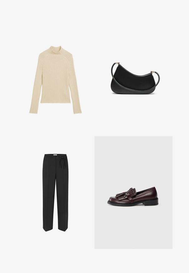 Rippstrick Langarmtop in Cremeweiß mit hohem Kragen und schlanker Passform. Mit vertikaler Struktur und verkürztem Saum.; Schwarze, hoch taillierte Hose mit einem Knoten-Belt-Detail. Hergestellt aus glattem Stoff, mit geradem Schnitt und zwei Fronttaschen.; Bordeauxfarbene Leder-Loafers mit einem fransenartigen Akzent, abgerundeter Spitze und einem niedrigen, soliden schwarzen Absatz. Detaillierte Nähte entlang der Sohle.; Schwarze Leder-Schultertasche mit geschwungenem Design, ausgestattet mit einem strukturierten Riemen und goldfarbenen Beschlägen am oberenverschluss. Glatte Oberfläche.; Goldschmuckset mit einer mehrschichtigen Halskette und einem Tropfenanhänger sowie passenden Ohrsteckern, alles in einem polierten Finish.