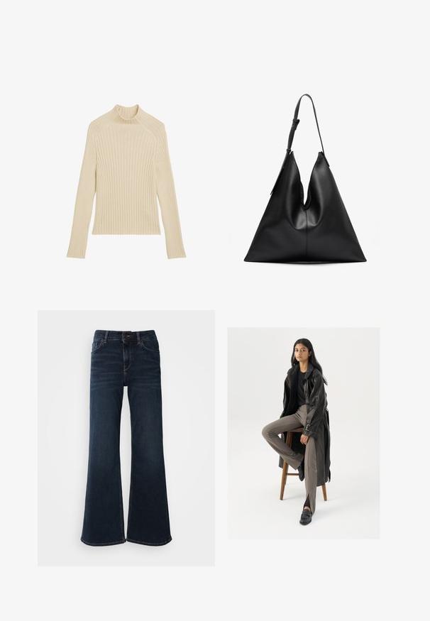 Ribbad stickad långärmad topp i off-white med hög krage och slim fit. Har vertikal textur och en kortad nederkant.; Mos Mosh HERA - Flared jeans - dark blue; Svart läder trench coat med knappar och bälte, matchad med ljusbruna åtsittande byxor och svarta loafers, sittande på en träpall.; Svart läder triangulär handväska med en justerbar axelrem och en mjuk, något slapp struktur.