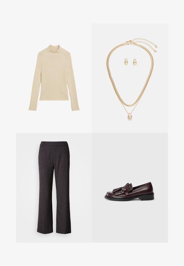 Ribbestrikket langermet topp i off-white med høy krage og slim fit. Har vertikal tekstur og en cropped nederkant.; Mos Mosh SVALA - Bukse - black; Burgunderfargede lær loafers med frynset dekor, rund tå og en lav, solid svart hæl. Detaljert søm langs sålen.; Gullfarget smykkssett med et lagdelt halskjede med en tåreformet anheng og matchende stikkere, alt i en polert finish.