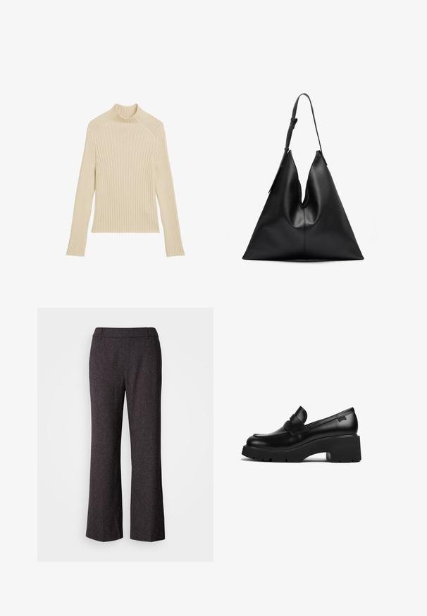 Ribbad stickad långärmad topp i off-white med hög krage och slim fit. Har vertikal textur och en kortad nederkant.; Mos Mosh SVALA - Tygbyxor - black; Svart läder loafers med chunky klack och tjock sula, med en remdetalj över toppen, visad från sidan mot en vit bakgrund.; Svart läder triangulär handväska med en justerbar axelrem och en mjuk, något slapp struktur.