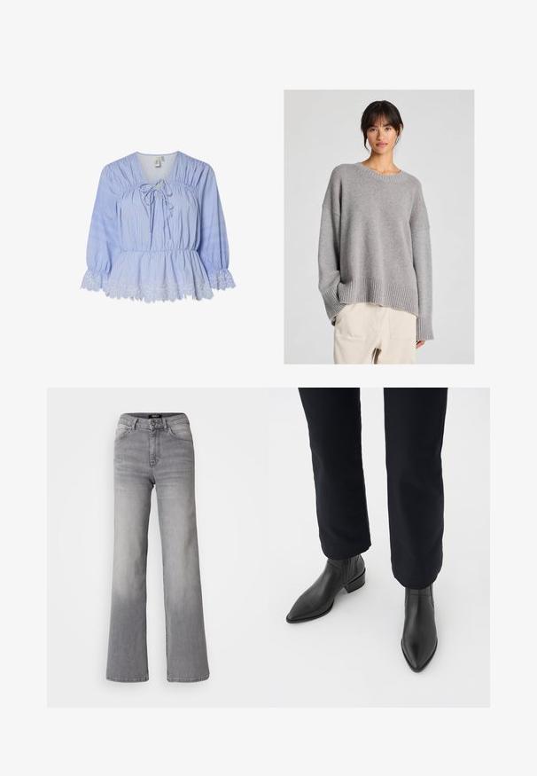 Grauer gestrickter Pullover mit lässiger Passform, Rundhalsausschnitt, gerippten Bündchen und Saum. Weiche Textur mit einem subtilen Strickmuster. Kombiniert mit hellen Hosen.; Hellblaues, vertikal gestreiftes Blusenshirt mit gerafftem Halsausschnitt, Bindeband, elastischem Bund und weißem floralen Spitzenbesatz am Saum. Lange Ärmel.; Hochtaillierte graue Denim-Jeans mit geradem Bein, Frontknopf und Reißverschluss, Vorder- und Gesäßtaschen sowie ausgewaschenen Schattierungen an Oberschenkeln und Waden.; Schwarze Leder-Stiefeletten mit spitzem Zehenbereich, Blockabsatz und strukturierten Seitenpaneelen, kombiniert mit dunklen Hosen vor einem weißen Hintergrund.