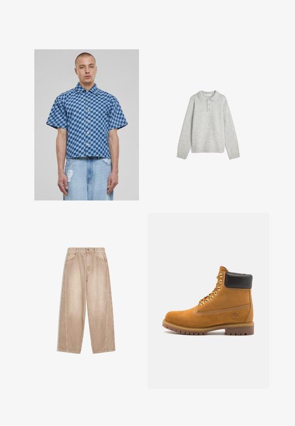 Grauer Strickpullover mit kragenähnlichem Ausschnitt, drei vorderen Knöpfen und geripptem Saum. Der Stoff wirkt weich und strukturiert und hat eine lockere Passform.; Kurzarmhemd im blau karierten Muster, aus Denim-Material, mit knöpfbarem Verschluss und einem cropped, boxy Schnitt. Darunter eine ausgewaschene Jeans.; Beige corduroy-Hosen mit weitem Bein und vertikalen Rippen, ausgestattet mit Fronttaschen, Gürtelschlaufen und einem Reißverschluss mit Knopfverschluss.; Beige Wildleder-Ankle-Boot mit schwarzem gepolstertem Kragen, goldenen Metallösen, weißen Nähdetalben und einer robusten Gummisohle mit ausgeprägtem Profil.