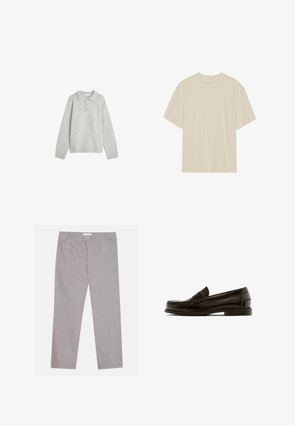 Szary dzianinowy sweter z kołnierzykiem, trzema przyciskami z przodu oraz ribbed dołem. Tkanina wydaje się być miękka i teksturowana, z luźnym krojem.; Kremowa, krótko rękawowa koszulka z delikatną teksturą w paski i okrągłym dekoltem, wykonana z lekkiego materiału.; Jasnoszare bawełniane spodnie z elastycznym paskiem w talii, dwoma bocznymi kieszeniami, prostym krojem nogawek i gładką fakturą. Proste detale przeszycia.; Brązowe skórzane loafersy z zaokrąglonym noskiem, dekoracyjnym przeszyciem i niskim obcasem. Gładka tekstura z minimalną ilością sprzętu i klasyczny design.