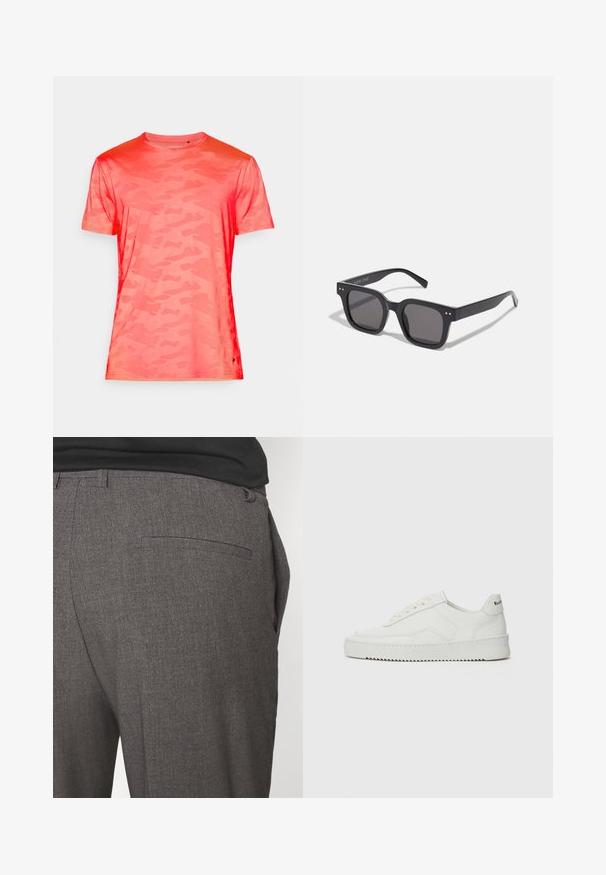 Grijze gebreide trui met een kraag, drie voorste knopen en een geribde zoom. De stof lijkt zacht en gestructureerd, met een relaxte pasvorm.; Camo-patroon korte mouw t-shirt in levendig koraal. Gemaakt van lichte stof met een soepele textuur en een ronde hals.; Grijze op maat gemaakte broeken met een gladde textuur, voorzien van een enkele achterzak en een slim fit ontwerp. De stof heeft een subtiel patroon.; Witte leren sneaker met een gladde afwerking, ronde neus, platte veters en een gestructureerde zool. Kenmerkt zich door een subtiel logo op de hiel.; Zwarte rechthoekige zonnebril met donkere lenzen, voorzien van een dik montuur, subtiele accenten aan de zijkanten en zonder zichtbare logo's behalve de merknaam.; Canvas tote bag in lichtbeige met dubbele handvatten, voorzien van het "SAMSOE" logo in het wit gedrukt op de voorkant. Rechthoekige vorm met een eenvoudig ontwerp.