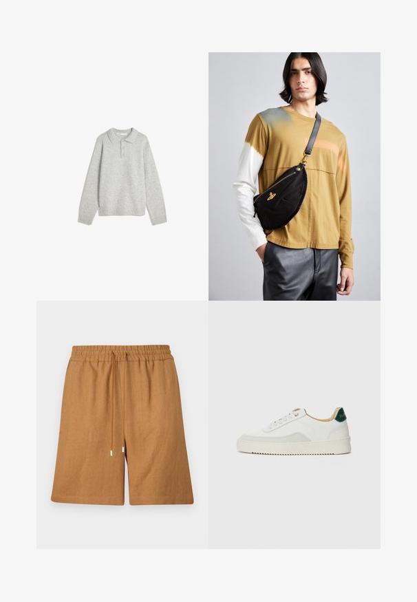 Sivý pletený sveter s golierom, tromi prednými gombíkmi a ribovaný dolný okraj. Tkanina vyzerá jemne a textúrovo, s uvoľneným strihom.; Hnedé ľanové šortky s elastickým pásom, sťahovacou šnúrkou a voľným strihom. Majú hladkú textúru a prešité okraje.; Biele tenisky s semišovými akcentmi, zaoblenou špičkou, plochými šnúrkami a krémovou gumovou podrážkou. Na päte sú zelené značky.; Vivienne Westwood CITY BUMBAG UNISEX - Ľadvinka - black