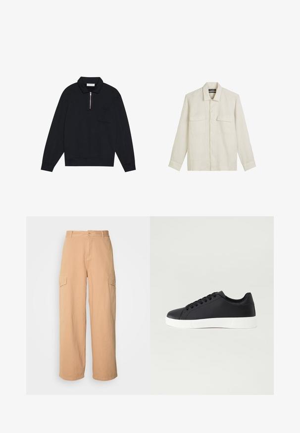 Pier One Sweatshirt - black; Lys beige linskjorte, langermet, krage-design, to brystlommer og frontknapp lukking. Glatt tekstur og avslappet passform.; Beige vide benbukser laget av lett stoff, med to sidelommer og knapplås i livet. Myk tekstur.; Pier One Joggesko - black