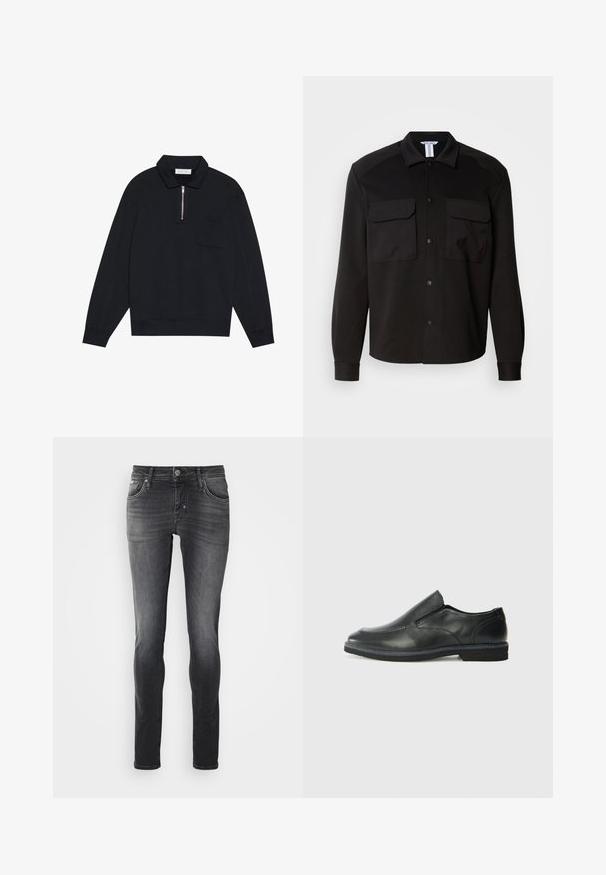 Pier One Bluză de molton - black; Jachetă neagră dintr-un material fin, ușor. Include două buzunare pe piept, închidere cu nasturi și guler ascuțit. Mâneci lungi cu manșete.; Blugi skinny-fit din denim gri închis, cu un design clasic cu cinci buzunare, fermoar cu închidere cu buton și o ușoară decolorare pentru un aspect elegant.; Pantof de piele neagră, tip slip-on, cu un superior neted, accente cusute, vârf rotunjit și un toc jos din cauciuc. Talpa are un profil minim de aderență.