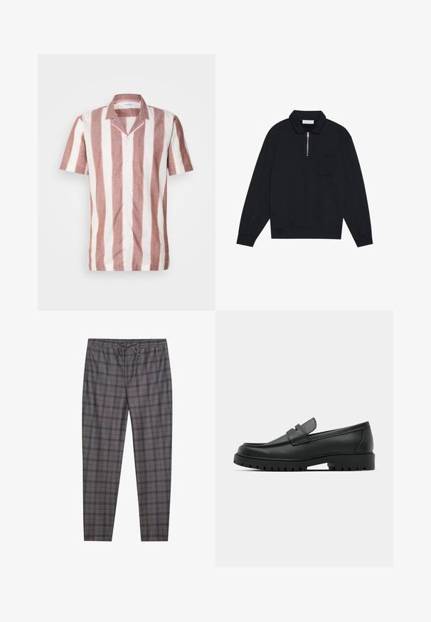 Pier One Sudadera - black; Camisa de manga corta hecha de tejido ligero que presenta amplias rayas verticales en rosa y blanco, con cuello y botones frontales.; Pantalones de cuadros grises con cinturilla elástica y cordón. El material parece suave, con una textura sutil y líneas negras contrastantes en el patrón.; Mocasines de cuero negro con punta redonda, que cuentan con un diseño cosido, suela de plataforma baja y una suela de goma texturada y con tacos.
