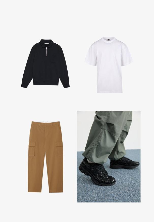 Pier One Sweater - black; Witte katoenen t-shirt met een ronde hals, korte mouwen en een relaxte pasvorm. Heeft een eenvoudig ontwerp zonder patronen of accenten.; Bruine cargobroek met twee zijzakken, een vlakke voorkant en een rechte pijp. Gemaakt van een duurzame stof met een gladde textuur.; Zwarte sport sneakers met glanzende en mesh texturen, voorzien van een dikke zool en veters, gecombineerd met losse olijfgroene cargobroeken.