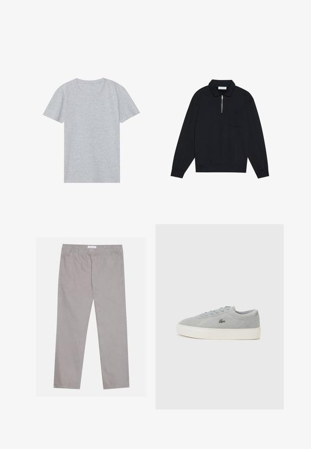 Pier One Camisola - black; T-shirt cinza de manga curta feito em uma mistura de algodão macio, com um clássico decote redondo e uma textura suave e leve.; Calças de algodão cinza claro com faixa elástica na cintura, dois bolsos laterais, design de perna reta e uma textura suave. Detalhe de costura simples.; Lacoste COURT - Sapatilhas - grey/off white