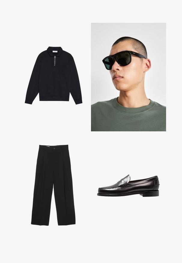 Pier One Sweatshirt - black; Schwarze weit geschnittene Hose aus glattem Stoff, mit flachem Taillenbund, vorderen Falten und einer einzigen Knopfverschlus.; Schwarze Leder-Penny-Loafer mit niedrigem Absatz, glatter Oberfläche und dekorativer Naht am Zehenbereich. Klassisches Schlupfdesign.; Schwarze rechteckige Sonnenbrille mit dunklen Gläsern, die eine markante Form und eine Markierung am Bügel aufweist. Getragen von einer Person in einem grünen Hemd.